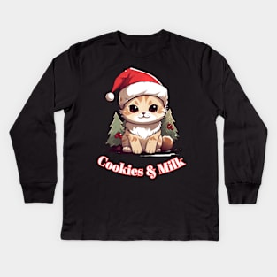 Cookies & Milk - Christmas Cat - Winter Holiday Kids Long Sleeve T-Shirt